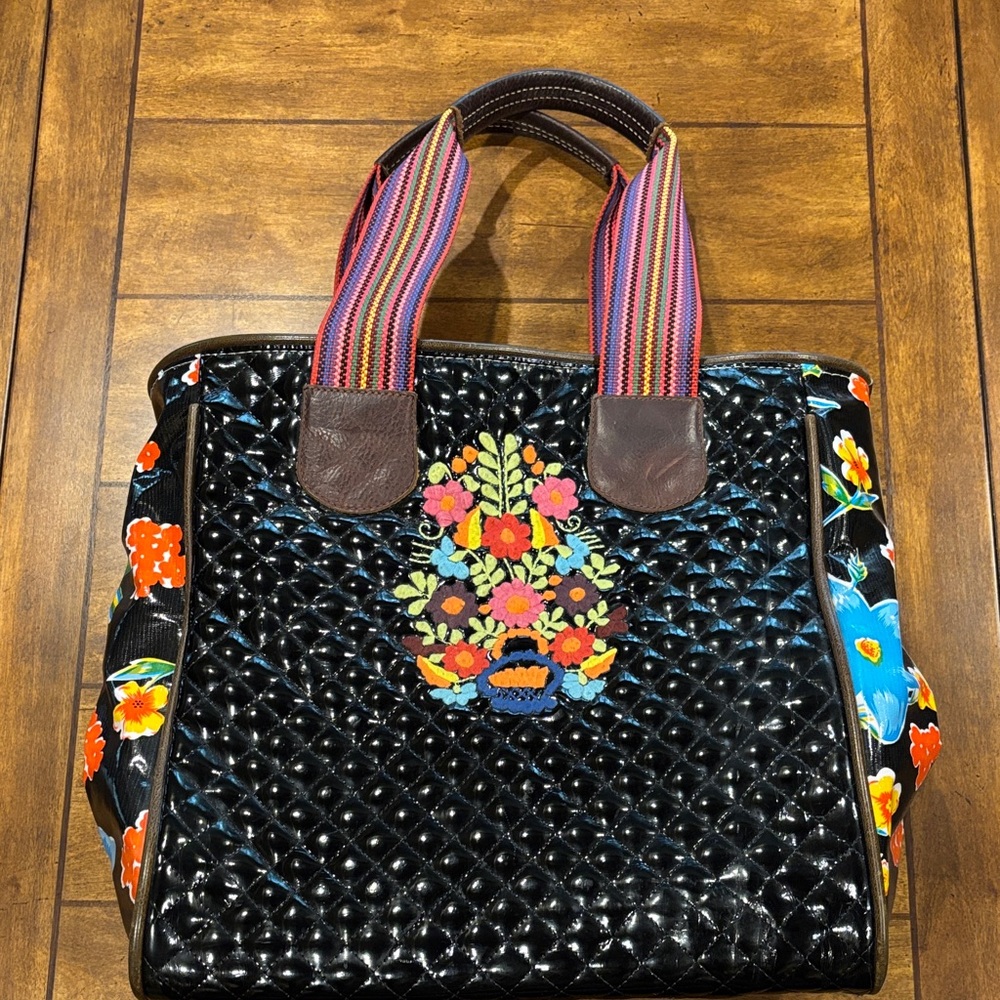 Consuela Black Quilted Tote with Floral Embroidery